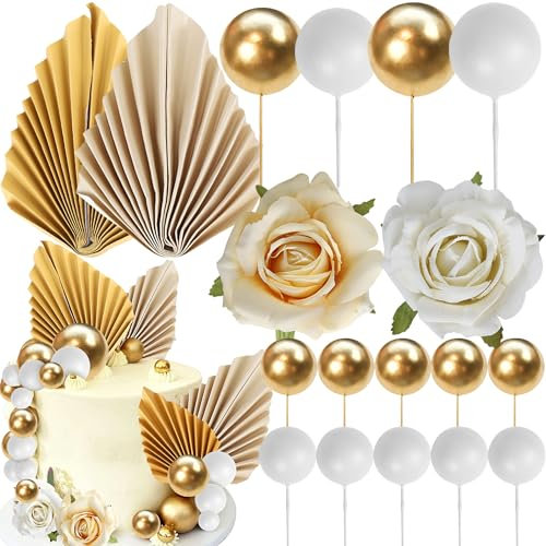 Xsstarmi 34 Pack Champagne Rose Cake Topper Palm Leaves Gold Mini Balls Artificial Flower Cake Pick for Bohemian Boho Wedding Bithday Valentine's Day Party DIY Cake Decorations Supplies