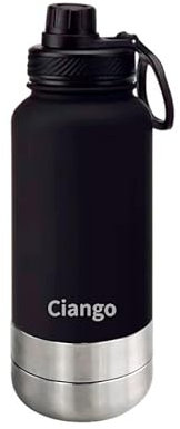 CIANGO: Borraccia in acciaio INOX portatile PREMIUM da 1 litro con DUE ciotole svitabili per l'acqua e il cibo - Accesori animali domestici - viaggio (NERO, 1 LITRO)