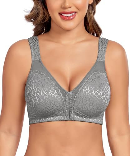 Curyon Women's Front Closure Back Support Minimiser Bra Full Figure Jacquard Grey 38D
