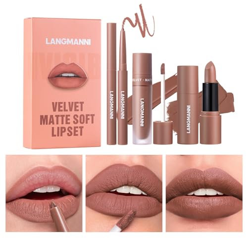 3 in 1 Matte Samt-Lippenstift-Set, 3Pcs Matte Lippenstift + Matte Flüssig-Lippenstift + Lip Liner Set, Samtiger Lippenstift Lang anhaltender Lipgloss Make Up Geschenkset (#03, 1er-Packung)