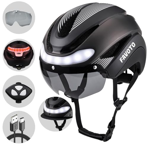 Favoto Casco Bicicleta Hombre Mujer con luz - Circunferencia de la Cabeza Ajustable Material EPS Capó Desmontable Luces traseras diseño L(57-61cm) Titanio
