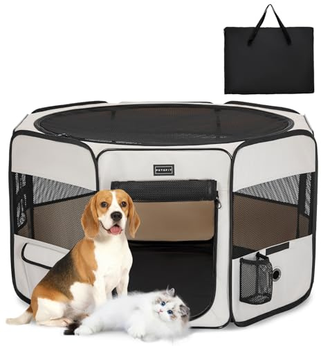 PETSFIT faltbar Welpenauslauf Tierlaufstall für Kleintiere Hunde Katzen,Hundelaufstall Freigehege mit Wasserdichter Boden,Pop-up System Kausicheres Design,Grau,M,92 * 84 * 53cm