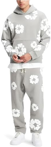 XUEQINGDE DT Jogging Suit with Cotton Wreath for Men & Women, 2-Piece Tracksuit with Hoodie and Jogging Bottoms, Y2K Hip Hop Streetwear, Fashion, Unisex, Velvet Lining, Foam Print Tracksuit, White