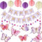 WakiHong Guirnalda de feliz cumpleaños, decoración de fiesta de cumpleaños, pancarta de cumpleaños con bola de panal de abeja, mariposas, remolinos colgantes para niñas, jóvenes, hombres, mujeres