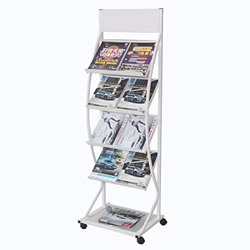 WTLONBF 155 cm hoher Zeitschriftenständer für den Boden, Ausstellungsständer für Schallplattenbroschüren mit 4 Bremsrädern, schwarzer Zeitschriftenhalter für Zuhause/Büro/Einzelhandel, Metall (weiß)