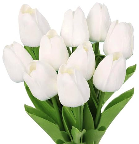 Rjayaa Artificial Tulips Flowers 10 Pcs Fake Tulips Artificial Faux Flowers in Vase White Fake Tulip Bouquet for Graves Wedding Party Home