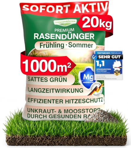 DÜNGEMEISTER Rasendünger Sommer für Ihren sattgrünsten Traumrasen - gesunder, dichter und sattgrüner Rasen sofort mit revolutionärer KI Formel - Langzeit NPK/Organisch Frühjahr/Sommer (20 kg)