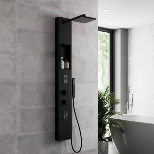 Architeckt® Thermostatic Shower Tower Column Panel, Three Function 3-in1 System with Rainfall Head Handset 2 Body Jets Showers Square, Black