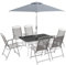 Outsunny 8 Pieces Metal Garden Furniture Set with Parasol and Folding Chairs, Garden Dining Set, 6 Seater Outdoor Table and Chairs with Tempered Glass Top, Grey