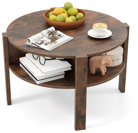COSTWAY Mesa de Centro Redonda, Mesita Auxiliar Redonda de 2 Niveles, Encimera Amplia, 4 Compartimientos Inferiores y Patas Elevadas, Mesa de Café para Salon Dormitorio, 74,5x74,5x45,5 cm (Café)