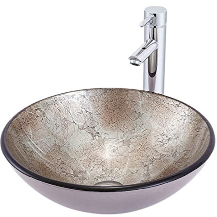 JYBNBBE Lavabo de Salle de Bain Rond de 41,9 cm, Couleur Bois, en Verre trempé Artistique, avec Robinet chromé et bonde escamotable.