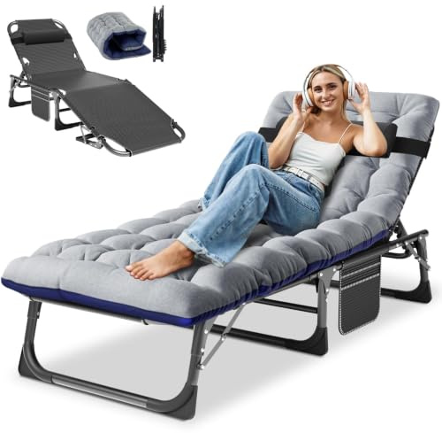 Obqer Klappbare Sonnenliegen, 200 kg Kapazität, Campingbett mit Kissen | verstellbare Rückenlehne, einfach zu montieren, Campingbetten für Erwachsene, Gästebett für Garten, Pool