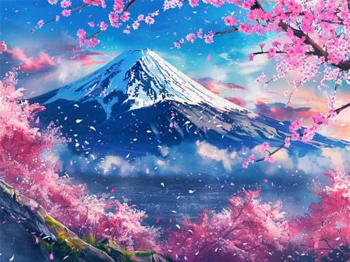 Diamond Painting Cerezo en Flor 5d DIY Pintura de Diamante para Adultos, Dibujos con Diamantes Monte Fuji Japón Cuadros de Diamantes Rhinestone Punto de Cruz para Decoración Hogar 120x80cm -RD658
