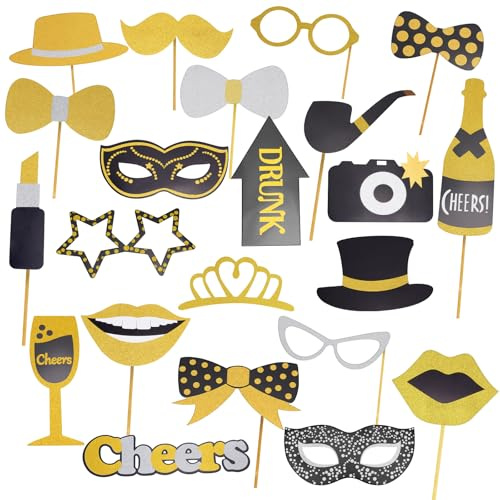 30 Stück Fotobox Requisiten Set, DIY Foto Accessoires für Hochzeit Geburtstag & Party, Lustige Pappe Masken Brillen Schnurrbärte auf Bambusstäben für Photobooth