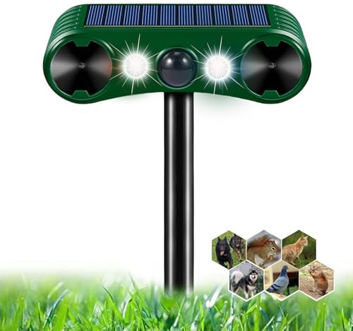Répulsif Chat Ultrason, Repulsif Chat Solaire 2 Modes, Répulsif Chat Exterieur Étanche avec Lumière LED et Détecteur de Mouvement, Répulsif Animaux pour Anti Chats Chiens Souris Ratons Oiseaux