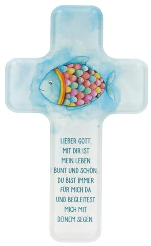 Butzon & Bercker Kinderkreuz Regenbogenfisch Acrylglas - 18 x 11 cm | Buntes Wandkreuz zur Taufe oder Geburt, mit Segensvers, stabil & sicher mit abgerundeten Ecken fürs Kinderzimmer