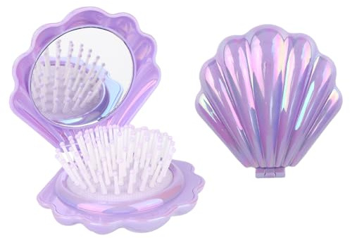 2uds Cepillo Plegable con Espejo, Concha Espejo de Maquillaje Plegable con Forma Concha Peine de Masaje Portátil Bolsillo para Mujer (Morado)