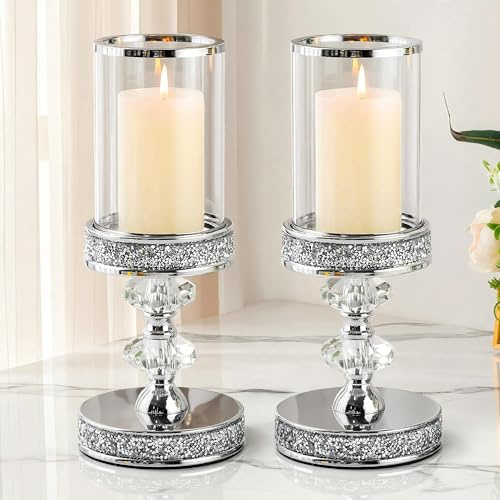 Kristallblockljushållare, 29,2 cm hög ljusstake med glasskivor | Elegant bordsdekoration och vardagsrumsdekoration, lykta för inomhus och utomhus (silver-stor, 2 st)