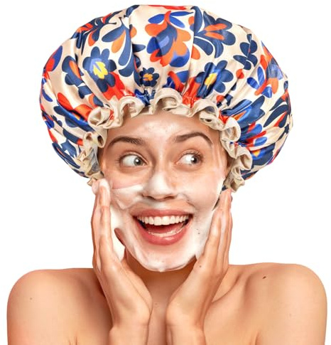 mikimini Bonnet de douche réutilisable et imperméable pour femme – Grand bonnet avec bande élastique et double couche, bonnet réglable pour cheveux longs et tressés avec imprimé abstrait audacieux