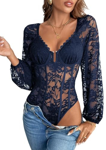 Kuukaas Body Damen Langarm Spitze Sexy Oberteil Damen Langarm Going Out Tops V-Ausschnitt Clubwear Navy blau M