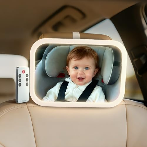 Baby Car Mirror with Remote Control Light, Shatterproof, 360° Adjustable Wide View with Night Vision, Easy Install for Rear Facing Infant Backseat