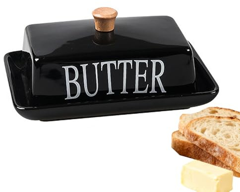 Beurrier en Porcelaine, Récipient à Beurre, Beurrier avec Poignée, Récipient à Beurre en Céramique, Contient 250 g de beurre, Lavable au lave-vaisselle, 18 x 13 x 8 cm, Noir, Autocollants de Lettres