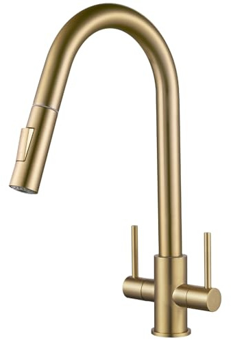 Dual Lever Kitchen Tap Gold, NewEast Pull Out Kitchen Sink Mixer Tap, Stainless Steel Faucet