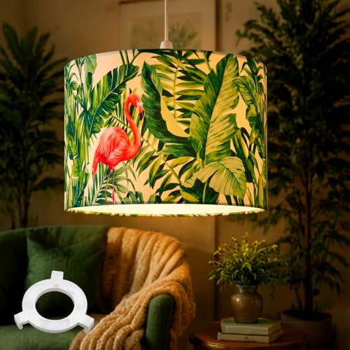 Weewooday Flamingo Round Drum Lampshade E27 E14 Adapter for Pendant | Round Drum Design with Adapter Ring, Fits Pendant Table Lamps, Living Room Bedroom Hallway Decor, Modern Festive