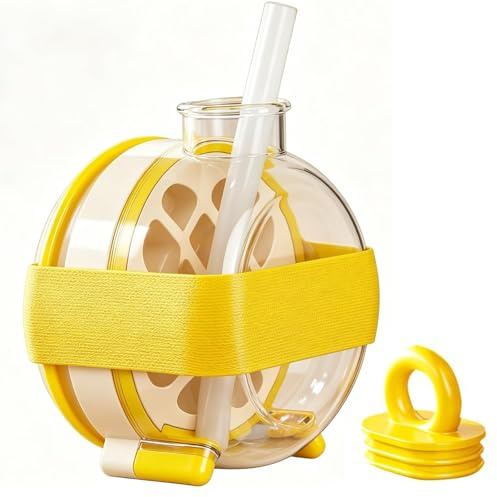 1 Pc 2 in 1 Ice Cube Bottle with Straw, Yellow Ice Cube Cup Drinks Bottle, 2 in 1 Portable ICES Making Bottles Press to Release Ice Cubes, Used for Juice Coffee Cold Drink Bottles