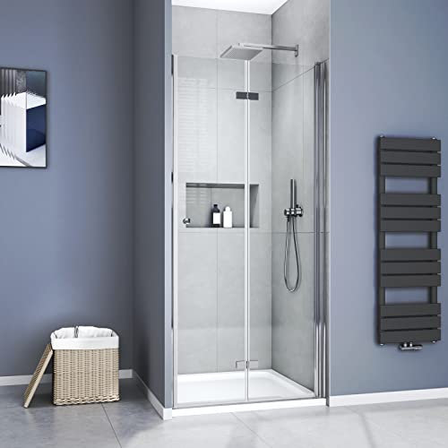 Meykoers Duschtür 90x185cm Duschkabine Nischentür Duschwand Glas, Duschabtrennung Nische mit Falttür, Duschtrennwand Faltwand aus 6mm ESG Sicherheitsglas ohne Duschtasse