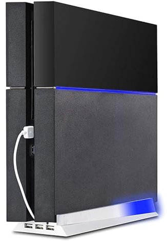 Vertical Stand for PS4 White, Kailisen Blue Light Base Led PS4 Bracket Mount Holder Stand for Playstation 4 Console with 3 USB Hub Ports -White