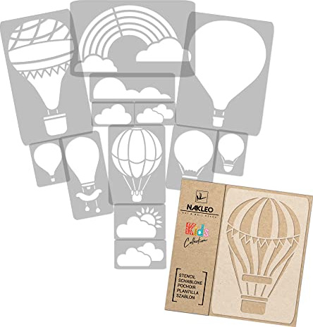 NAKLEO Stencil di Pittura per Bambini, Set di 14 Pezzi da 9x12 a 23x34cm Palloncino Cestino Viaggio, Modelli Plastica e Riutilizzabili di Stanza Decorazione, Sagome DIY Fai-da-te, Mobili Muro Legno