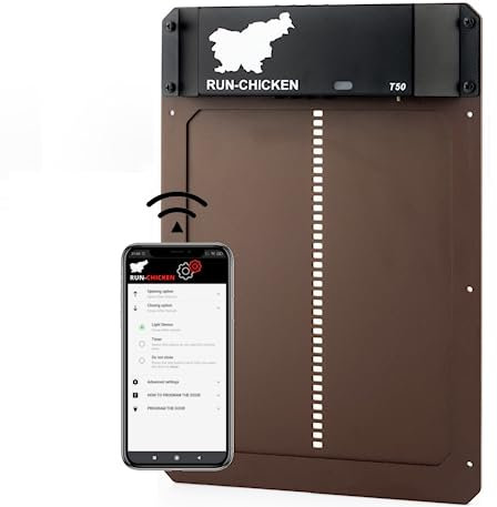 RUN-CHICKEN Automatische Hühnerklappe Batterie, Lichtsensor, Timer, Verzögerungsoption, Aluminium, Hühnertür Automatischer Türöffner, Elektrische Hühnerklappe Automatisch Modell T50, BRAUN