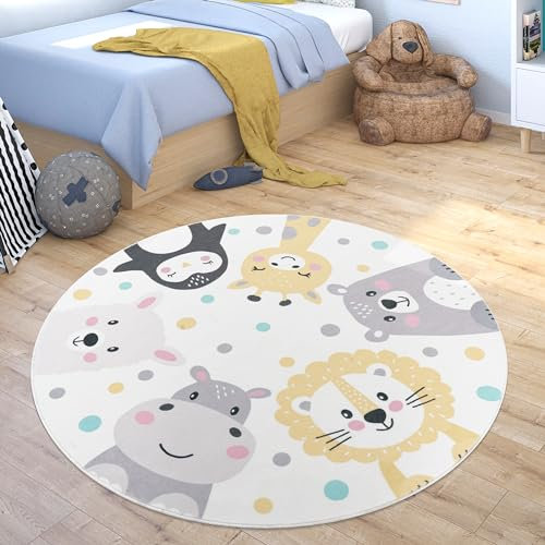 Paco Home Teppich Kinderzimmer Kinderteppich Waschbar Junge Mädchen Spielteppich Rund Modern Zootiere, Grösse:120 cm Rund, Farbe:Beige