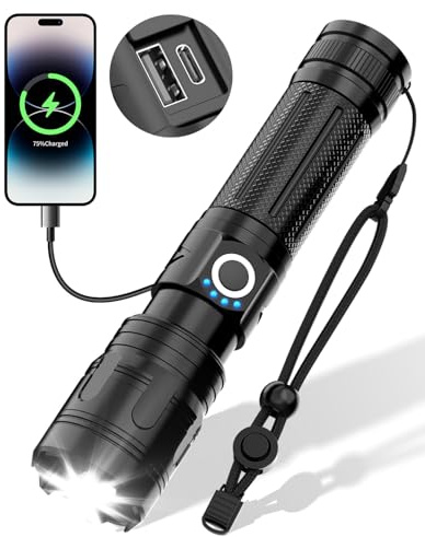Maxesla Type C LED Torch Rechargeable 8000LM Gifts for Men Dad Kids, 3000mAh Battery Torches Super Bright, IPX5 Waterproof 5 Modes Adjustable Focus, Camping with USB Port, Black