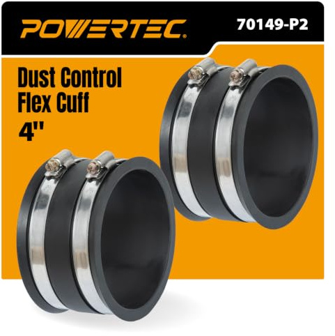 POWERTEC 70149-P2 4 Inch Dust Control Flex Cuff with Steel Hose Clamps, Hose Connector Rubber Cuff Coupler for Woodworking Dust Collection Fittings, Dust Collector Accessories & Machinery, 2 Pack