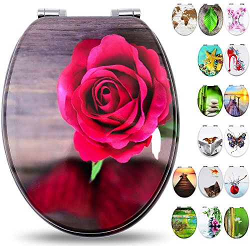 Fanmitrk Toilettendeckel, WC Sitz mit Absenkautomatik, Klobrille aus Holz, Klodeckel mit Motiv, Toilettensitz Einfache Montage (Rose)