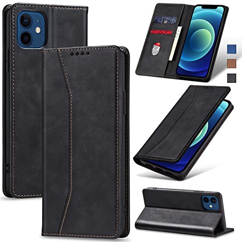 Jasonyu Skal för iPhone 12/12 Pro, Premium Läder Vikbart Skyddande Fodral [Hölster, Magnetisk, kortfack, stativfunktion] Wallet Leather Case Cover (Svart)