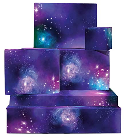 Rymdpresentpapper - 6 presentpappersark - blå galax, lila - födelsedagspapper för man, kvinna, honom, henne - presentpapper för barn, pojke, flicka - av Central 23