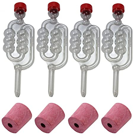 Almost Off Grid 4 x Bubbler Airlocks and 4 x Bored Rubber Bungs for Glass Demijohns, Homebrewing, Winemaking, Mead Making, Beer Making, Cider Making, Fermenting