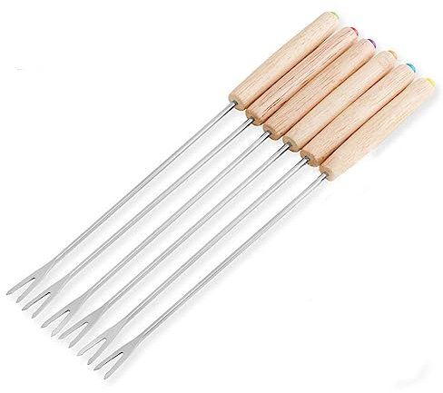 Set mit 6 Edelstahl-Fondue-Gabeln, 23,9 cm, für Käse, Obst, Dessert, Grill, Bratstäbe mit Holzgriff, für Küche, Picknick, Braten, Fleisch, Schokolade