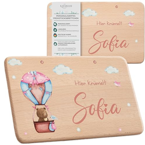 KIDSMOOD - Individuelles Frühstücksbrettchen Kinder Holz, Niedliches Hier Krümelt Brettchen personalisiert mit Wunschnamen, Als Taufgeschenk und Babygeschenk