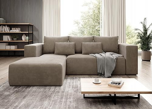 Easy4You Ecksofa Beige Stripes L Kord L-Form – 255x73x161 cm - Schlafsofa mit Bettkasten und Schlaffunktion - Eckcouch mit Stauraum – Stoff Kord POSO 02