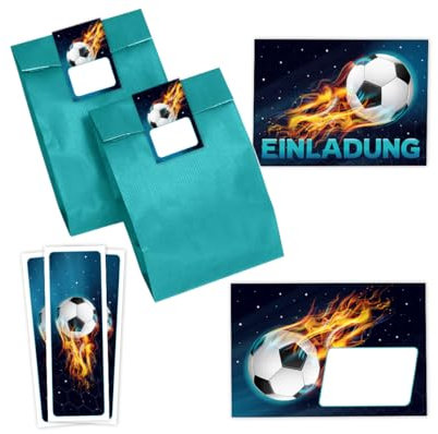 Minkocards 12 Einladungskarten Kindergeburtstag Junge Fussball Einladungen Jungsgeburtstag Fußball incl. 12 Umschläge, 12 Partytüten/petrol, 12 Aufkleber, 12 Lesezeichen