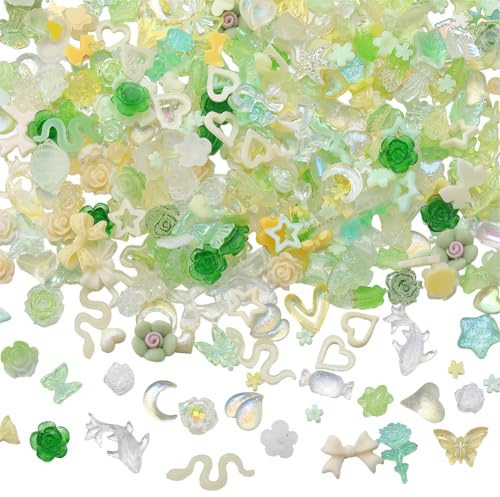 SUNNYCLUE 1 boîte 420Pcs 6 sacs Vert Jaune Breloques pour Ongles Accessoires pour Ongles Breloques Nail Art Décoration Printemps Pâques St. Jour de la Saint-Patrick Lapin Bowknot Fleur Résine Flatback