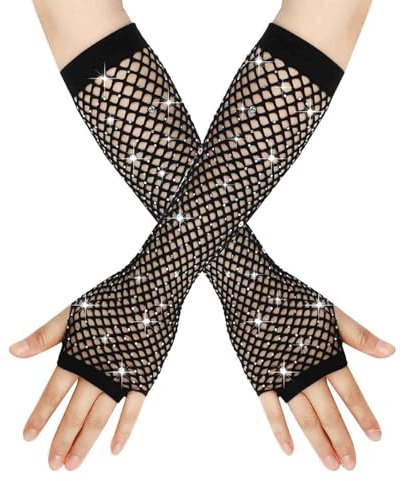 Damen Netzhandschuhe Glänzende Fingerlose Handschuhe Lange Fischnetz Armstulpen Mesh Handschuhe Karneval Party Kostümzubehör Opernhandschuhe Abendhandschuhe Glitzer Handschuhe (Black, One Size)