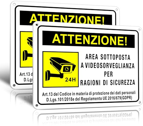 TAKULA Cartello Area Videosorvegliata 20x15cm Alluminio 2 Pezzi | Alluminio riflettente. Dotato di supporto adesivo e fori preforati per installazione semplice su parete o cancello.