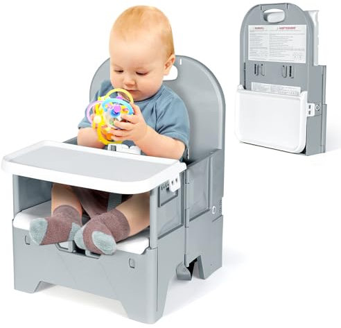 Orzbow Faltbare Sitzerhöhung Stuhl Kind,Stabile Reisehochstuhl Baby mit Abnehmbarem Tablett,ABS Material und Stabile Struktur,Tragbare Kind Campingstuhl für Kinder von 6 Monaten bis 3 Jahren 15kg,Grau