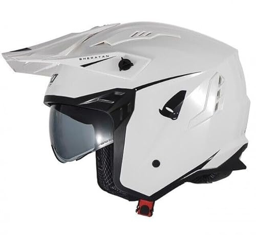 Casco cross enduro aperto Jet Sheratan con visiera parasole a scomparsa Trial Street Scooter Moto Bianco TAGLIA M