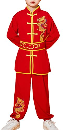 iiniim Barn Kung Fu uniform pojkar flickor Tai Chi kostym drake broderi långärmade toppar med byxor traditionell kinesisk kampsport kostym, röd, 134-140